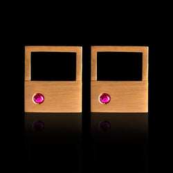 18K Gold Quadrat with Hole Earrings with Red Rubies