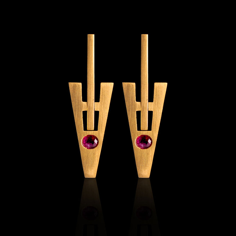 18K Gold V Cut Earrings with Red Rubies