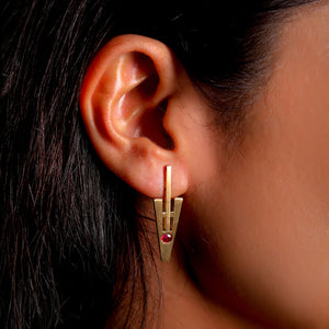 18K Gold V Cut Earrings with Red Rubies