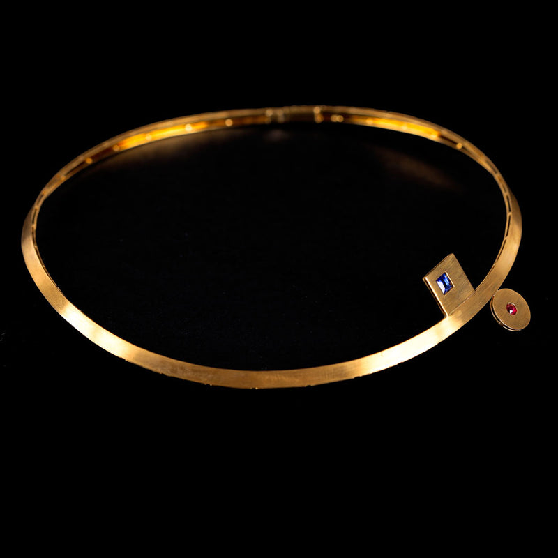 18K Gold Cuff Necklace Round & Quadrat with Blue Sapphire & Red Ruby