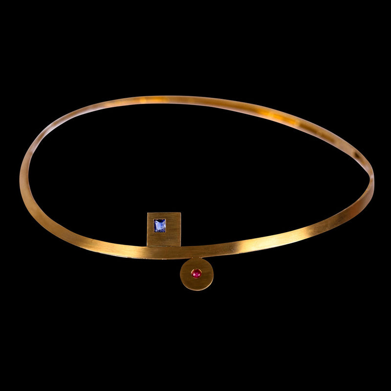 18K Gold Cuff Necklace Round & Quadrat with Blue Sapphire & Red Ruby